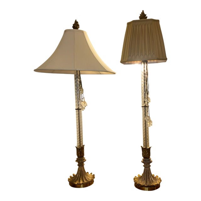 1980s John Richard’s Collection Neoclassical Brass and Crystal Corinthian Column Floor Lamp - a Pair For Sale
