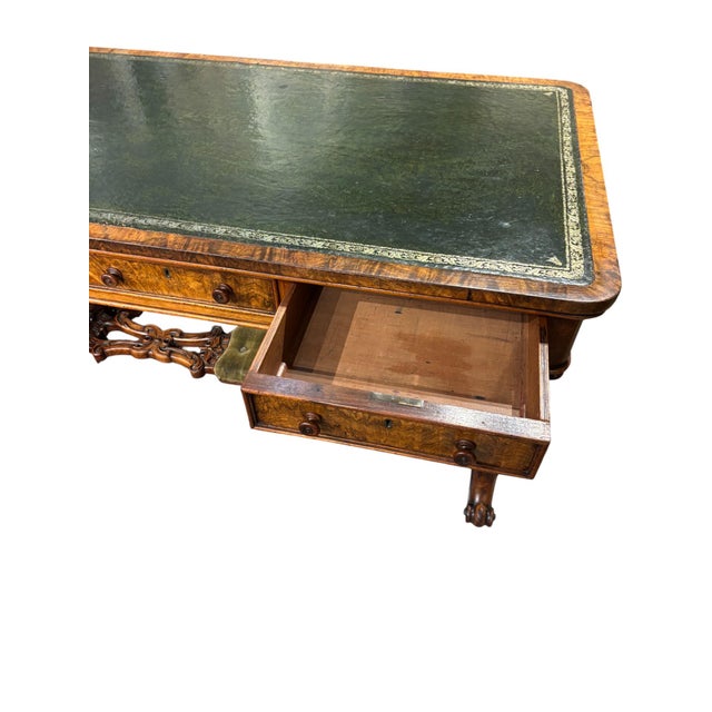 Remarkable Green Leather Top Victorian Burl Walnut Writing Desk For Sale - Image 6 of 12
