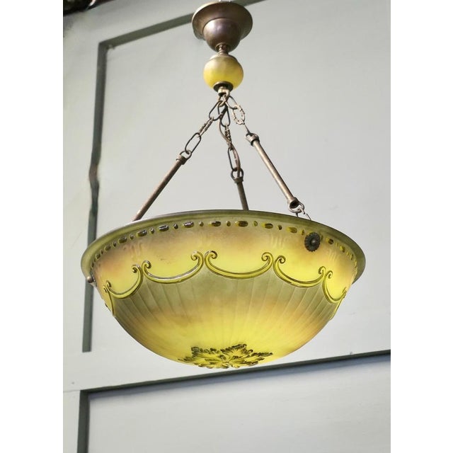 Glass French Art Deco Decorated Glass Hanging Light with Brass Rose, 1930 For Sale - Image 7 of 9