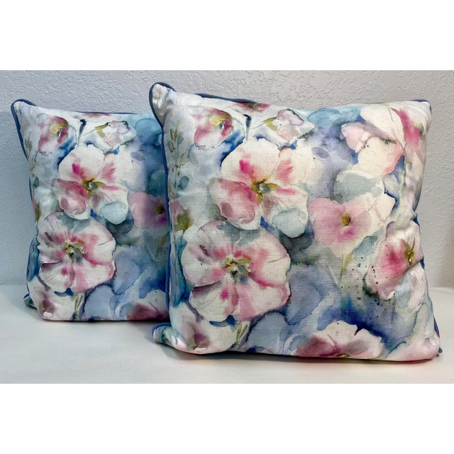 Pair of 20 “ Square Pillows With a Pink and White Floral Print - Made in U K For Sale - Image 12 of 12