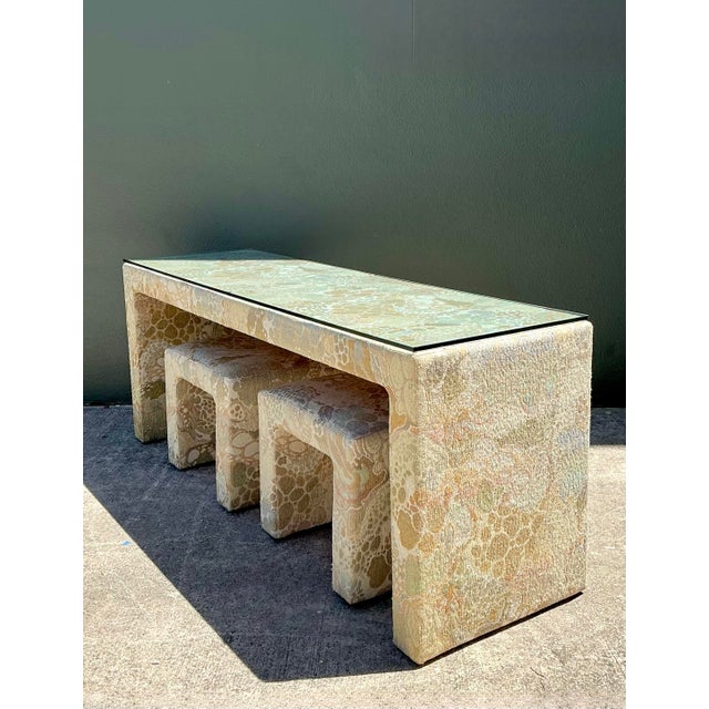 Vintage 80s Upholstered Console and Stools After Jack Lenor Larsen For Sale - Image 12 of 12