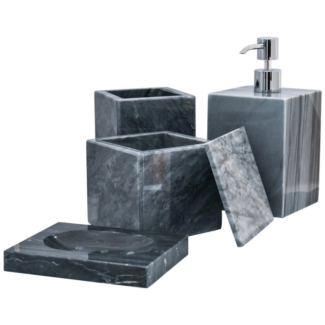 Stone Square Set for Bathroom in Grey Bardiglio Marble, Set of 4 For Sale - Image 7 of 7