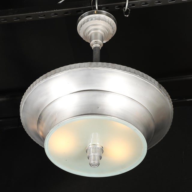 1930s Art Deco Brushed Aluminum & Frosted Glass Chandelier With Fluted Detailing For Sale - Image 10 of 13