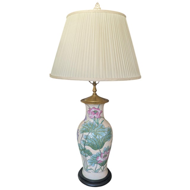 Chinoiserie Antique Chinoiserie Porcelain Enamel Lotus Flower Vase Lamp For Sale - Image 3 of 18