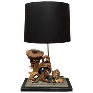 Italian Gilt and Painted Wood Scroll Fragment Adapted as a Lamp, 18th Century
