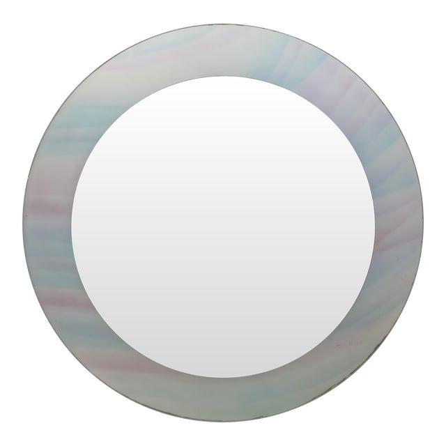 David Marshall Signed Modern Stained Glass Pastel Color Round Frame Mirror For Sale
