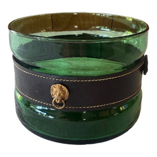 Vintage Emerald Glass Ice Bucket With Removal Leather Strap For Sale