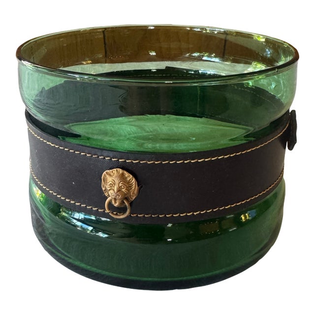 Vintage Emerald Glass Ice Bucket With Removal Leather Strap For Sale
