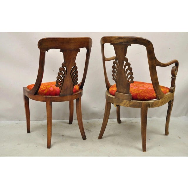 Mid 20th Century Italian Neoclassical Plume Carved Walnut Saber Leg Dining Chairs - Set of 6 For Sale - Image 10 of 12