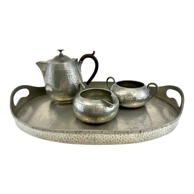 Antique Hand Hammered Pewter Coffee Service, Cream, Sugar and Tray Set- 4 Pieces For Sale