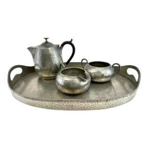 Antique Hand Hammered Pewter Coffee Service, Cream, Sugar and Tray Set- 4 Pieces
