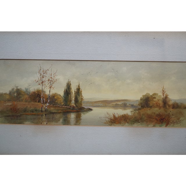 Antique Albert Matthews Panoramic Riverscape Landscape Watercolor Painting 22" For Sale - Image 6 of 10