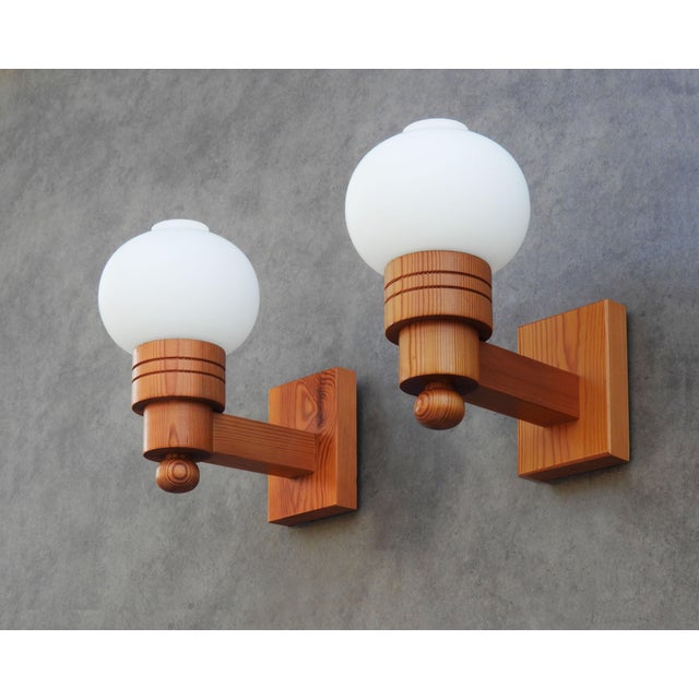Swedish Modern Pine and Opaline Glass Wall Sconces from Aneta, 1970s, Set of 2 For Sale - Image 10 of 10