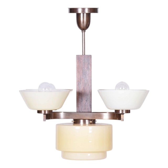 Art Deco Chandelier in Oak, Brass, and Opaline Glass, Czech, 1920s For Sale