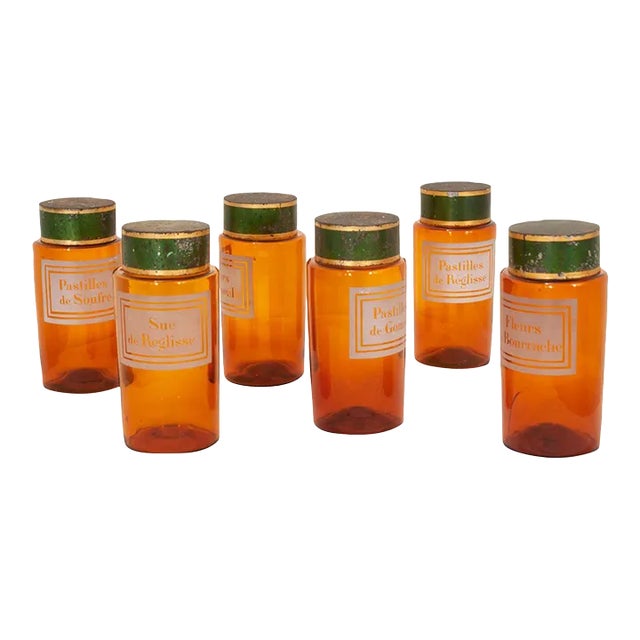 French Amber Glass Apothecary Storage Jars - Set of 6 For Sale