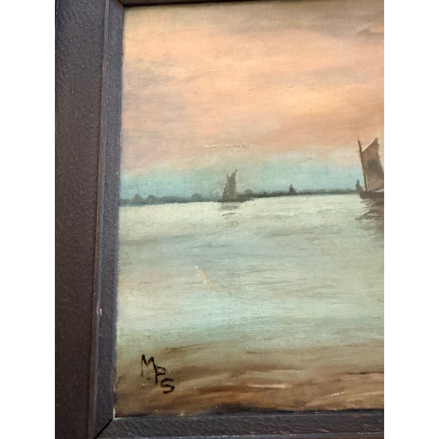 Antique Tonalist Harbor Scene Oil on Canvas Signed MPS in Period Wood Frame For Sale - Image 10 of 11