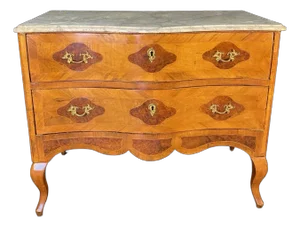 French 19th Century Louis XV Burled Walnut Inlaid Marble Top Commode