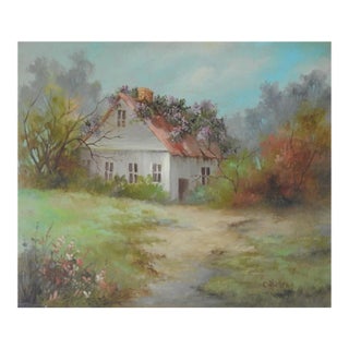 Vintage Pastoral Wisteria Cottage Painting For Sale