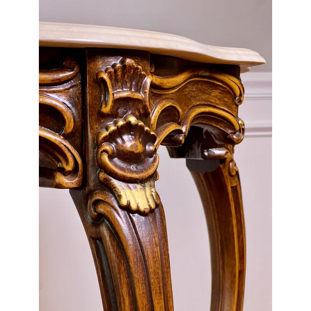 Brown French Louis XV Style Console Table, Carved Walnut With Gilt, Marble Top, C. 1920 For Sale - Image 8 of 17