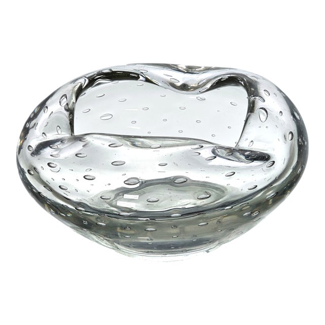 Mid-Century Bullicante Art Glass Ashtray – Clear Seeded Crystal, 1950s Italy For Sale