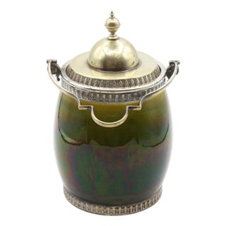 Circa 1880 French Majolica and Silverplate Biscuit Box by Sarreguemines For Sale