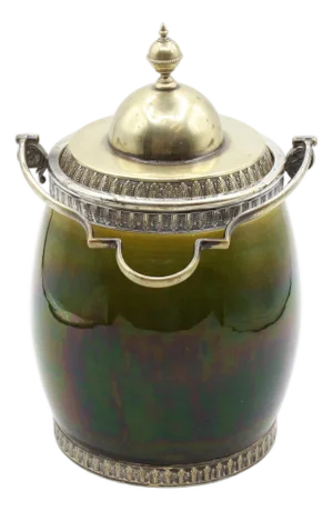 Circa 1880 French Majolica and Silverplate Biscuit Box by Sarreguemines