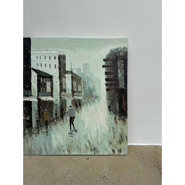 Rainy Cityscape Oil Painting Brutalist Impasto Figurative Street Scene For Sale In Tampa - Image 6 of 10