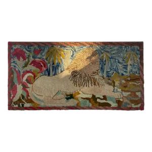 Large Antique Hooked Rug of a Lion With Palms