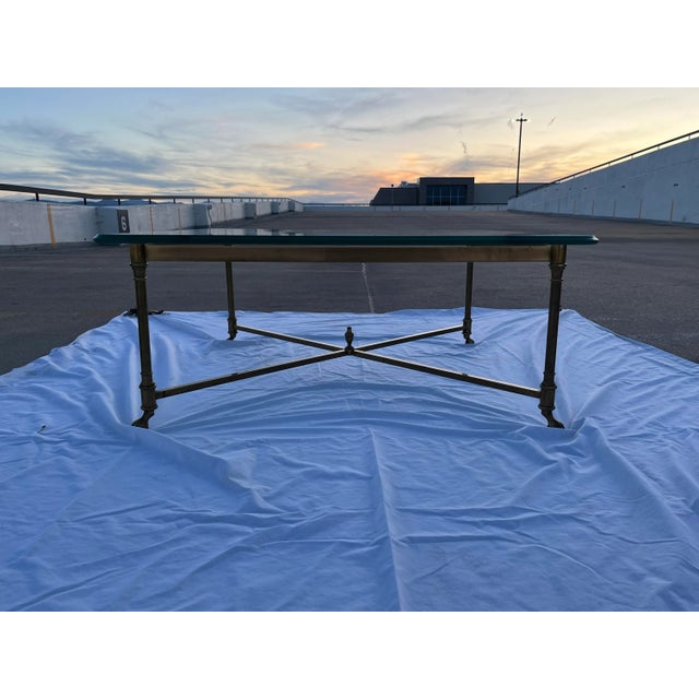 Midcentury French Jansen style solid brass hoofed feet base 3/4” thick water polished ogee edge glass top coffee table...