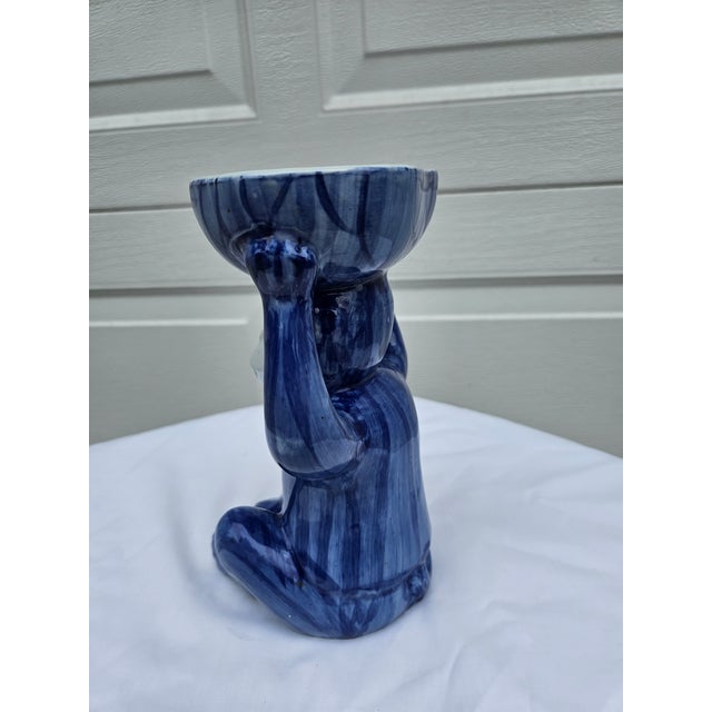 Vintage Chinoiserie Blue White Ceramic Monkey Dish - 8.25" Height For Sale - Image 9 of 12