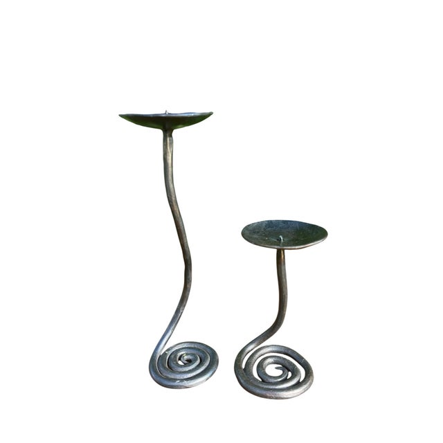 Mid-Century Modern Vintage Hand Forged Brutalist Wrought Iron Spiral Candlesticks, Stamped Jb - Pair For Sale - Image 3 of 12