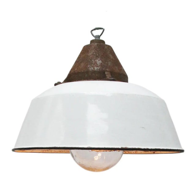 Industrial White Enamel, Cast Iron & Glass Pendant Lamp, 1950s For Sale - Image 6 of 6