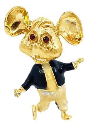 Mid 20th Century 18k Yellow Gold Enamel Coat Wearing Whimsical Mouse Brooch