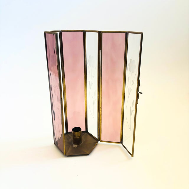 Tall Etched Glass and Brass Candle Holder For Sale - Image 4 of 10