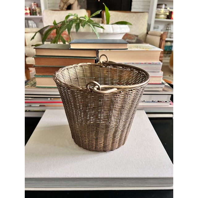 Hollywood Regency Vintage Solid Brass Woven Basket With Swing Handles For Sale - Image 3 of 12