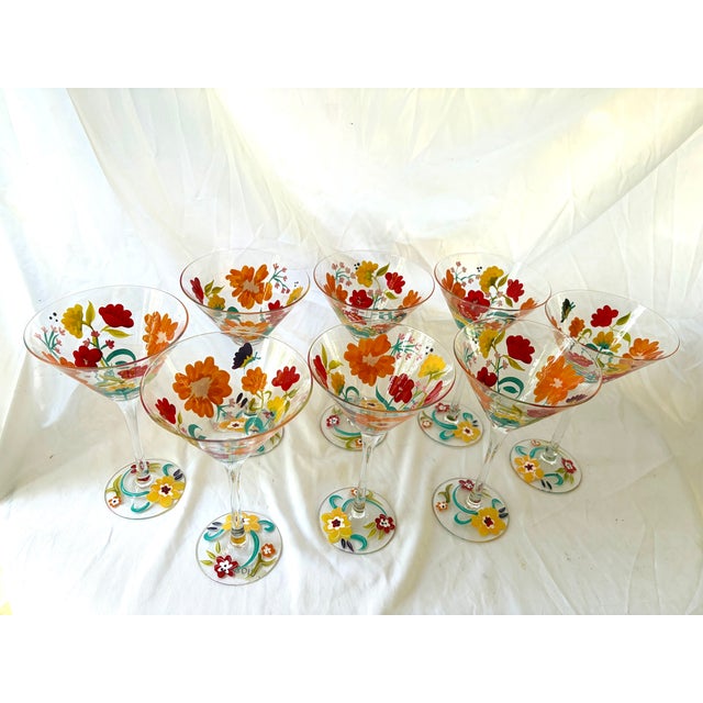Modern Cheerful Martini Glasses With Colorful Flowers Pattern Set 8 For Sale - Image 3 of 5