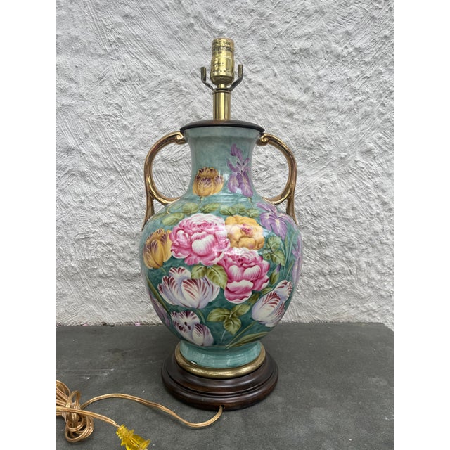 American 1980s Fredrick Cooper Hand Painted Floral Lamp Gilt Handles Roses Tulips Irises ChicagO For Sale - Image 3 of 6