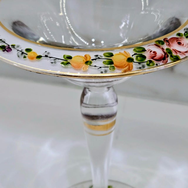 Antique Bohemian Hand-Painted Floral Glass Compote Tazza For Sale In Dallas - Image 6 of 8