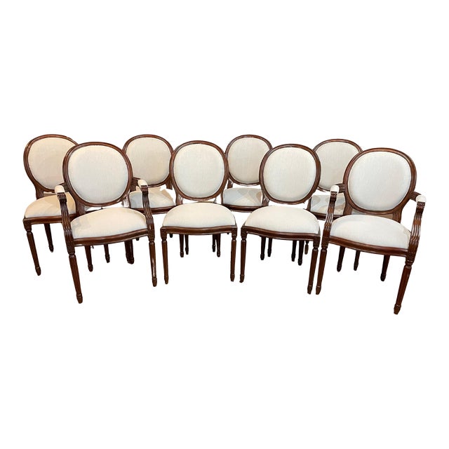 Set of 8 Louis XVI Muslin Upholstered Dining Chairs by Leighton Hall - Showroom Samples For Sale