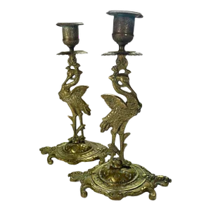Antique Crane Brass Candlesticks- a Pair