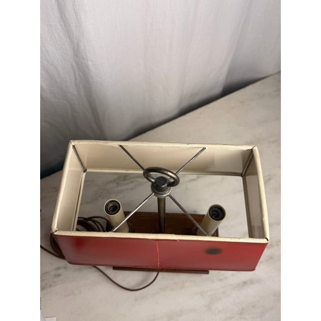 Vintage 2-Light French Bouillotte Style Table Lamp With Red Shade, Antique Brass & Wood Desk Lamp For Sale - Image 9 of 17
