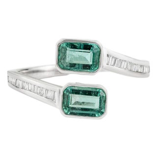 Octagon Emerald Toi Et Moi Bypass Ring With Baguette Diamonds in 14k Gold Size 5.5 For Sale