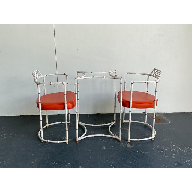 Vintage Faux Metal Bamboo Patio Hollywood Chairs and Table Set For Sale - Image 10 of 16
