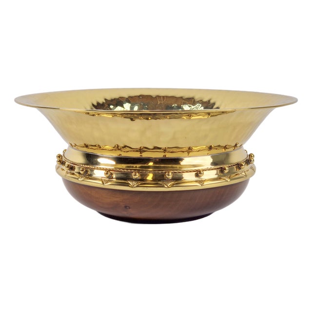 Vintage Valenti Gold Plated Centerpiece Bowl on Walnut Base, 1990s For Sale