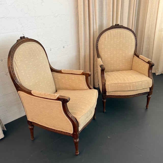 Wood Pair of Mid-Century Louis XVI Style Carved Walnut Bergère Armchairs For Sale - Image 7 of 9