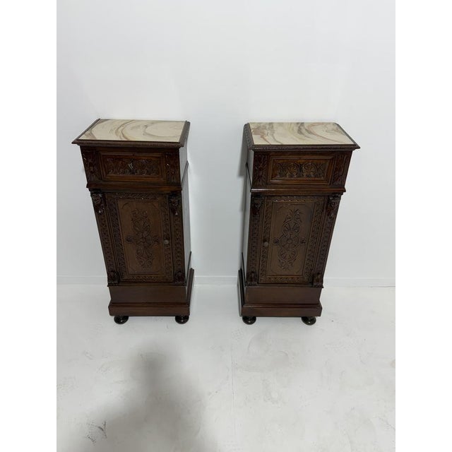 Sicilian Hand-Carved Bedside Tables with Marble Tops, 1940, Set of 2 For Sale - Image 18 of 18