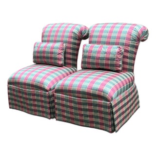 Henredon Schoonbeck Silk Plaid Slipper Chairs - A Pair For Sale