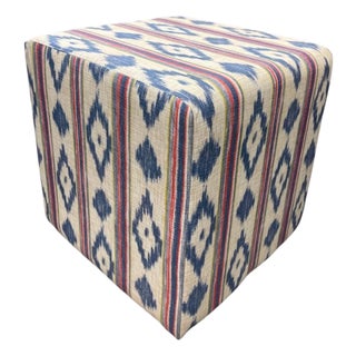 Vintage Blue and Indigo Ikat Pattern Upholstered Cube Ottoman For Sale