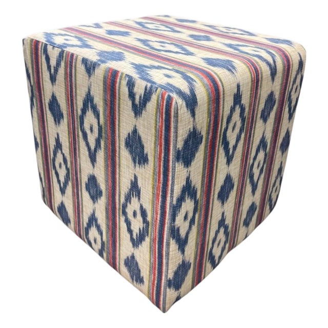 Vintage Blue and Indigo Ikat Pattern Upholstered Cube Ottoman For Sale