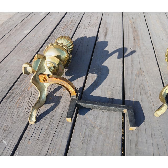 Vintage Ornate Cast Brass Fireplace Andirons 1950s For Sale - Image 9 of 18